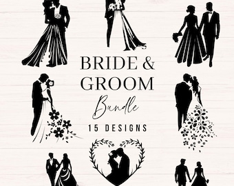 May include: A collection of black and white bride and groom silhouette designs. The image includes various poses of couples, with the text "BRIDE & GROOM Bundle 15 DESIGNS" in the center. The designs are suitable for wedding-themed projects.