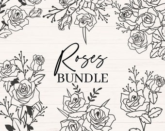 Könnte beinhalten: Ein digitaler Download von fünf Schwarzweiß-Linienzeichnungen von Rosen. Die Rosen sind in Sträußen angeordnet und zeigen verschiedene Rosenstile. Der Text "Roses Bundle" ist in schwarzer Kursivschrift geschrieben.