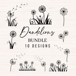 May include: A set of 10 black and white dandelion illustrations. The illustrations include dandelions with seeds blowing in the wind, dandelions with closed seed heads, and dandelions with open seed heads. The text "Dandelions Bundle 10 Designs" is included in the image.