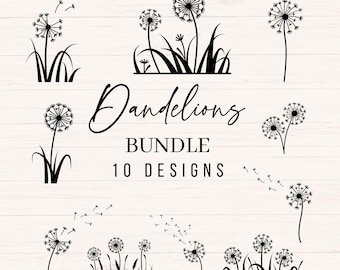 May include: A set of 10 black and white dandelion illustrations. The illustrations include dandelions with seeds blowing in the wind, dandelions with closed seed heads, and dandelions with open seed heads. The text "Dandelions Bundle 10 Designs" is included in the image.