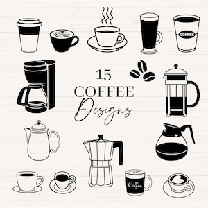 Pacchetto SVG caffè, Caffè SVG, PNG, jpg, DXF, Tazza di caffè, Caffettiera, Stampa francese, Caffettiera, Bollitore, Chicchi di caffè, Latte, Cappuccino