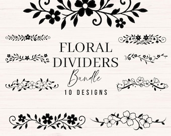 Paquete SVG de divisor y borde floral / 10 diseños dibujados a mano en SVG, PNG y DXF / Archivos de corte de flores para Cricut, Silhouette y manualidades