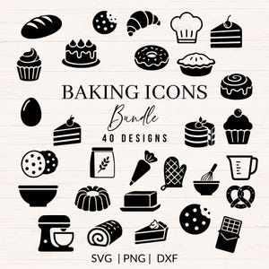 May include: Black and white baking icons bundle with 40 designs. Includes illustrations of bread, cookies, croissants, chef hat, cake, cupcake, pie, egg, flour bag, mixer, rolling pin, and other baking-related items. SVG, PNG, and DXF files.
