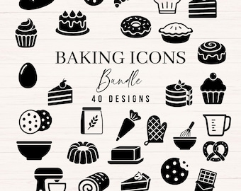 May include: Black and white baking icons bundle with 40 designs. Includes illustrations of bread, cookies, croissants, chef hat, cake, cupcake, pie, egg, flour bag, mixer, rolling pin, and other baking-related items. SVG, PNG, and DXF files.