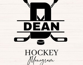 May include: Black hockey monogram design with the name "DEAN" in a bold font, hockey sticks, and a puck. The text "HOCKEY Monogram" and "26 LETTERS" are below the monogram on a white wood grain background.