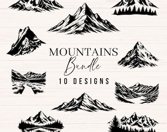 Berg SVG-bundel, handgetekende berg clipart, 10 rustieke berg ontwerpen svg png dxf jpg, scrapbooking, kaarten maken, natuur clipart