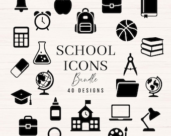 May include: A digital collection of black school-themed icons featuring a bell, apple, backpack, briefcase, book, alarm clock, calculator, flask, eraser, globe, mortarboard, glue, magnifying glass, basketball, compass, folder, school building, laptop, lamp, and palette. The text reads SCHOOL ICONS Bundle 40 DESIGNS.