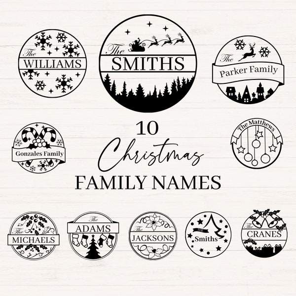 Lot de Noël nom de famille svg, rond Noël nom de famille signe svg, png, jpg, dxf, ornement de famille de Noël, monogramme de porte de Noël