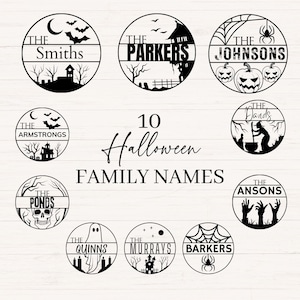 Bundle de nom de famille Halloween, rond Halloween nom de famille signe svg, png, jpg, dxf, ornement de famille Halloween, nom de porte Halloween