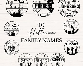 May include: Ten black and white Halloween themed family name signs with various spooky imagery, including a crescent moon, bats, a haunted house, a witch's cauldron, a spider web, a spider, a ghost, a skull, and a pair of hands reaching out from the ground. The text on the signs reads: "The Smiths", "The Parkers", "The Johnsons", "The Armstrongs", "The Ponds", "The Dands", "The Ansons", "The Quinns", "The Murrays", and "The Barkers".