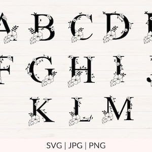 May include: Black and white floral alphabet letters A through M. Each letter is surrounded by a vine with flowers and leaves.