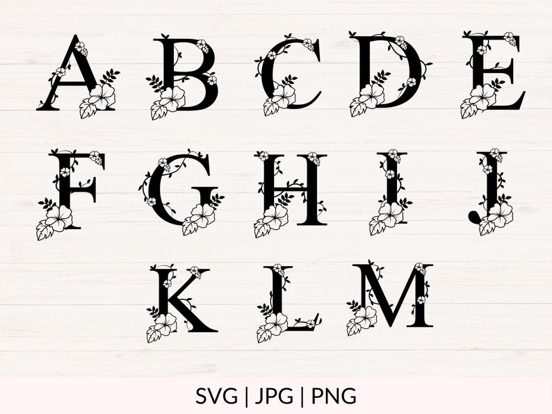 May include: Black and white floral alphabet letters A through M. Each letter is surrounded by a vine with flowers and leaves.