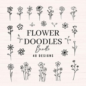 May include: A collection of black line art flower doodles arranged in a grid. The central text reads FLOWER DOODLES Bundle 40 DESIGNS. The illustrations feature various botanical shapes, including single stems, multi-bloom clusters, and small leaves.