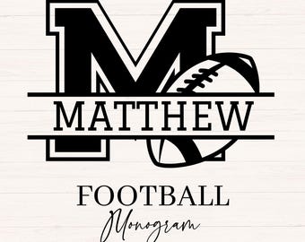 May include: Black and white football monogram design featuring the name "MATTHEW" with a football graphic. The design includes the letter "M" and the words "FOOTBALL Monogram" and "26 LETTERS".