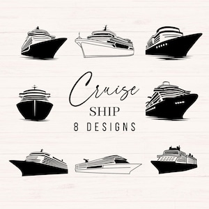 May include: Eight black and white silhouette designs of cruise ships. The text "Cruise Ship 8 Designs" is below the images.