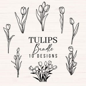 Pacote svg de tulipa, Tulipas svg, Buquê de tulipas svg, png, dxf, Flores silvestres svg, Flor de tulipa, Arte de linha, Flores desenhadas à mão, Uso comercial