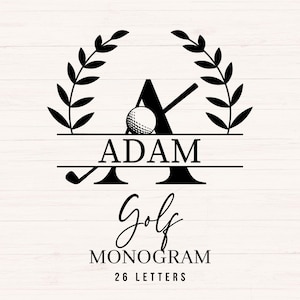 Peut inclure: Motif de monogramme de golf noir et blanc avec le nom "ADAM", une balle et un club de golf intégrés dans la lettre "A". Le design comprend une couronne de laurier et les mots "Golf MONOGRAM" et "26 LETTERS".