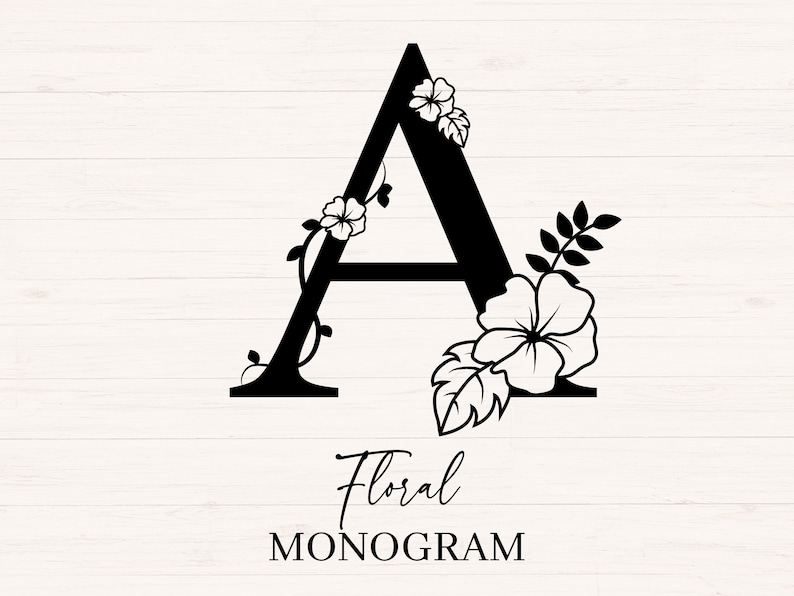 May include: Black and white floral monogram design featuring the letter A with a hibiscus flower and leaves. The text "Floral Monogram" is below the letter.