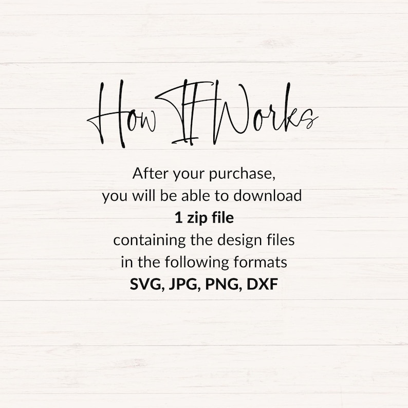 May include: Text graphic that reads "How It Works" followed by instructions on how to download a zip file containing design files in SVG, JPG, PNG, and DXF formats.