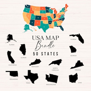 May include: A USA map bundle featuring a colorful map of the United States and individual state outlines. The map is divided into states with various colors. The text "USA MAP Bundle 50 STATES" is displayed in a stylish font.