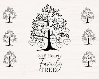 May include: Black and white silhouette of a family tree with hearts hanging from the branches. Each heart has a name written inside. The text at the bottom reads "2-16 Hearts Family TREE".
