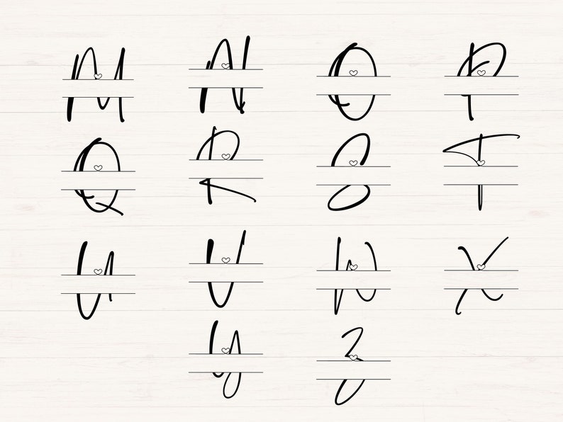 Herz Split Monogramm, Script Split Monogramm, Handschrift Monogramm, minimalistisches Split Monogramm, svg, jpg, png, dxf, cut Files, Alphabet Bundle Bild 3