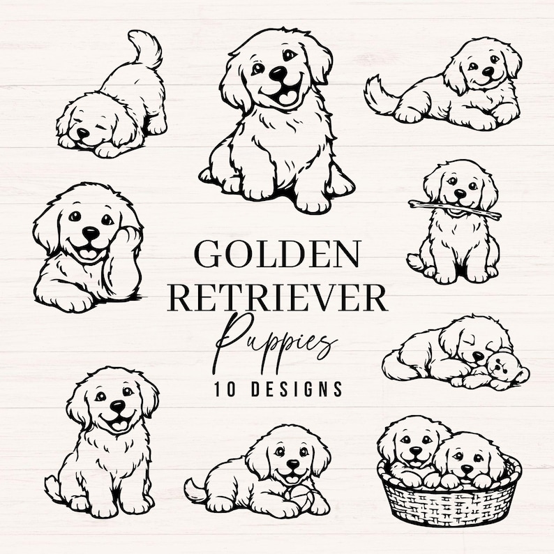 Golden Retriever SVG Bundle, 10 Hand Drawn Puppies Svg, Png, Dxf, Cute ...