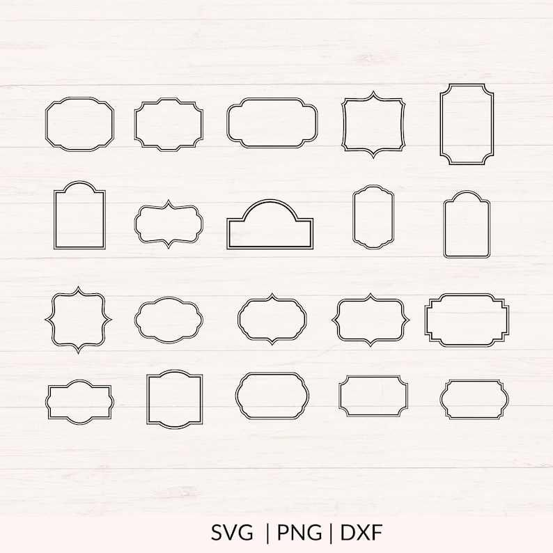 May include: A set of 25 black and white frame outlines. The frames are various shapes and sizes, including square, rectangle, oval, and arched. The frames are perfect for adding a touch of elegance to any project.
