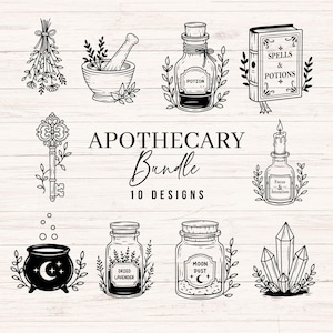 May include: A collection of ten black and white line art illustrations labeled Apothecary Bundle 10 Designs. The set includes a bundle of herbs, a mortar and pestle, a potion bottle, a book titled Spells & Potions, a key, a candle, a cauldron, jars labeled Dried Lavender and Moon Dust, and crystals.