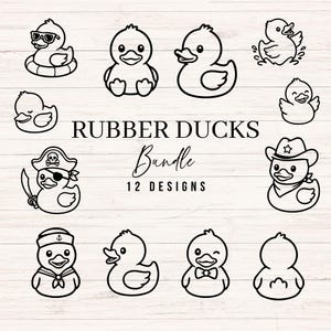 May include: A collection of 12 rubber duck designs in black and white. The ducks are depicted in various styles, including a pirate, a cowboy, and one wearing sunglasses. The text "RUBBER DUCKS Bundle 12 DESIGNS" is also present.