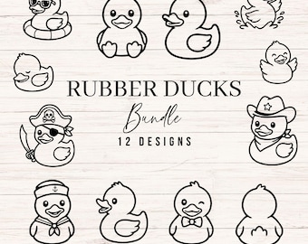 May include: A collection of 12 rubber duck designs in black and white. The ducks are depicted in various styles, including a pirate, a cowboy, and one wearing sunglasses. The text "RUBBER DUCKS Bundle 12 DESIGNS" is also present.