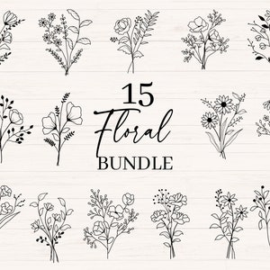 Buquê de flores SVG, jpg, png, arquivos dxf, clipart de buquê de flores silvestres, gráfico floral, pacote de flores silvestres