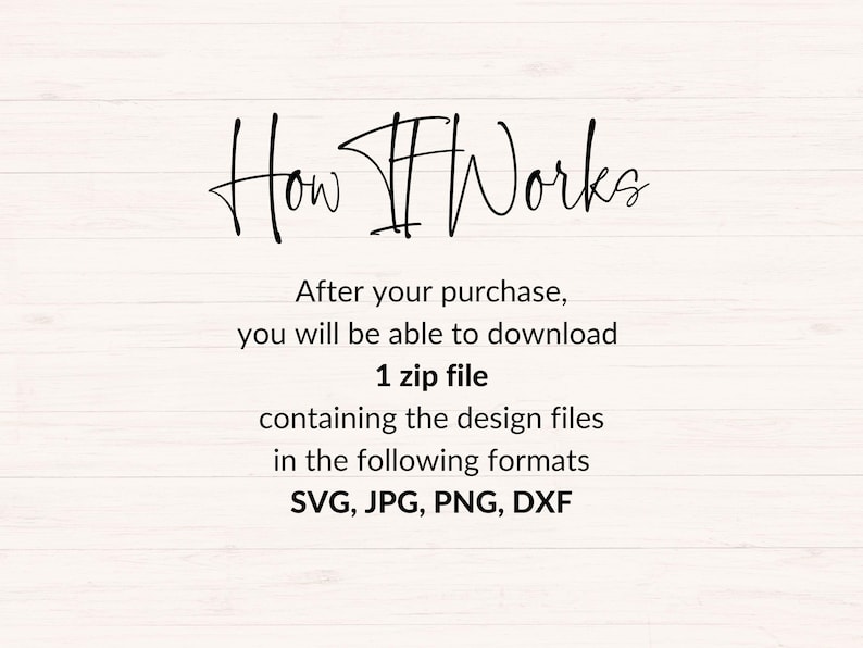 May include: Text that reads "How It Works" followed by instructions on how to download a zip file containing design files in SVG, JPG, PNG, and DXF formats.