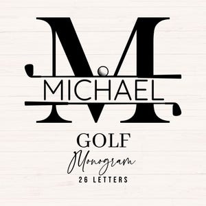 May include: Black golf monogram design with the name "MICHAEL" and a golf ball. The letter "M" is the central design element, with golf clubs incorporated. The words "GOLF Monogram" and "26 LETTERS" are also included.