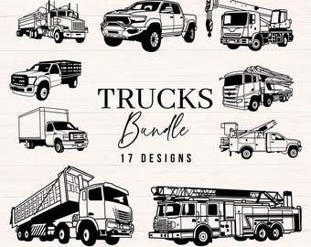 May include: Black and white line art of various trucks, including a dump truck, pickup truck, crane truck, and fire truck. The text "Trucks Bundle" and "17 Designs" are also included in the image.