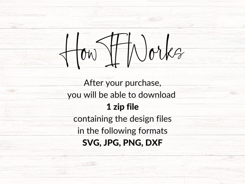 Peut inclure: Texte sur un fond en bois qui indique "How It Works". Apr&egrave;s votre achat, vous pourrez t&eacute;l&eacute;charger 1 fichier zip contenant les fichiers de conception dans les formats suivants&nbsp;: SVG, JPG, PNG, DXF.