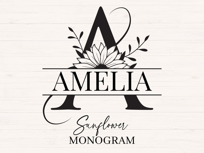 May include: Black and white monogram design featuring the letter A with a sunflower and the name Amelia. The text "Sunflower Monogram" is below the name.