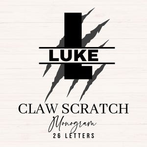 以下が含まれることがあります： 名前「LUKE」と大きな文字「L」、爪の引っかき傷が特徴の黒いモノグラムデザイン。「CLAW SCRATCH Monogram 26 LETTERS」の文字が名前の下に表示されています。