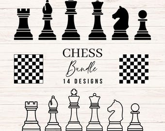 May include: A digital illustration of a chess bundle with 14 designs. The image features black chess pieces, including a rook, bishop, king, queen, knight, and pawn, along with two chessboards. The text "CHESS Bundle 14 DESIGNS" is also included.