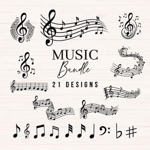 Op de afbeelding: Een verzameling zwarte muzieknoten en symbolen, waaronder G-sleutels, kwartnoten en achtste noten, gerangschikt in verschillende ontwerpen. De tekst "MUSIC Bundle 21 DESIGNS" wordt weergegeven in een stijlvol lettertype.