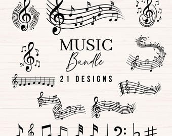 May include: A collection of black musical notes and symbols, including treble clefs, quarter notes, and eighth notes, arranged in various designs. The text "MUSIC Bundle 21 DESIGNS" is displayed in a stylish font.