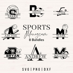 Sports Split Monogram SVG Bundle, Includes Volleyball, Soccer, Baseball, Basketball, Football, Golf, Bowling, Billiards Monogram png, dxf