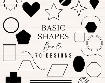 May include: Black and white graphic of various basic shapes, including a heart, star, circle, and square. The text "BASIC SHAPES Bundle 70 DESIGNS" is displayed in the center of the image. The shapes are arranged on a light wood grain background.