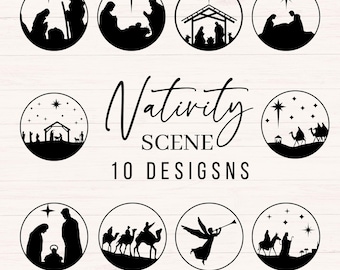 May include: Ten black and white silhouette designs of the Nativity scene. The designs include the three wise men, the star of Bethlehem, angels, shepherds, and the manger with baby Jesus.