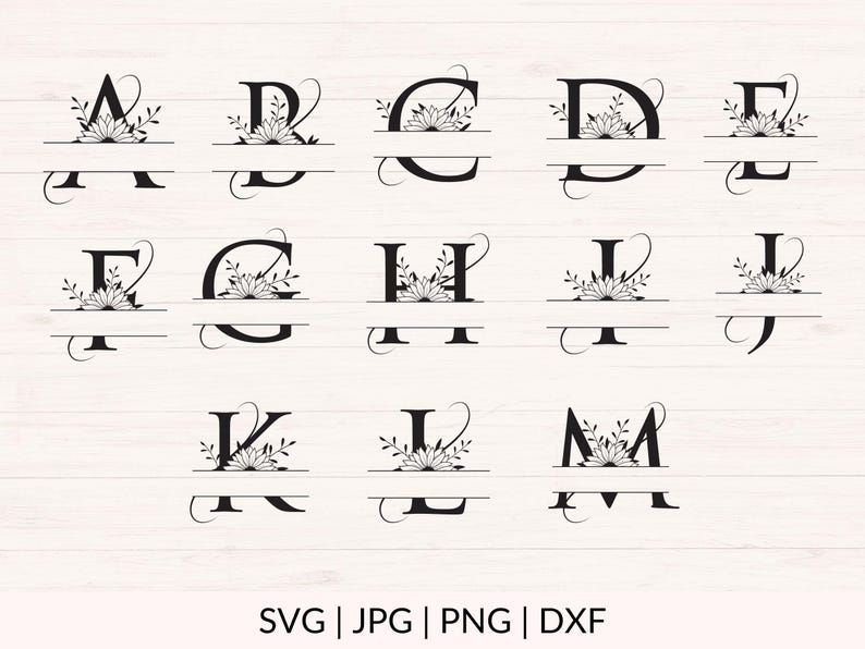 May include: A set of 12 split monogram letters with floral accents. The letters are A, B, C, D, E, F, G, H, I, J, K, L, and M. Each letter is separated by a horizontal line and has a floral design above and below the line.