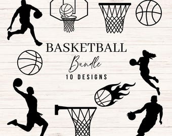May include: A collection of ten basketball-themed designs in black. The designs include silhouettes of players, basketballs, hoops, and a basketball with flames. The text "BASKETBALL Bundle 10 DESIGNS" is also present.