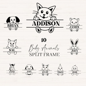 Bébés animaux split frame svg, png, jpg, dxf, animaux mignons split name, monogramme animaux de compagnie, bébés animaux dessinés à la main, clipart animaux