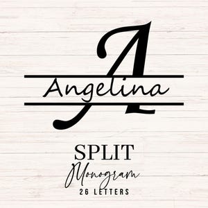 Pode incluir: Design de monograma dividido preto com o nome "Angelina" dentro de uma grande letra "A". O design inclui as palavras "SPLIT Monogram" e "26 LETTERS" em uma fonte de script, em um fundo de grão de madeira branco.