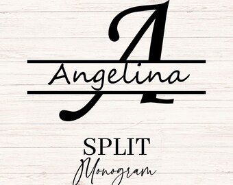 May include: Black split monogram design featuring the name "Angelina" within a large letter "A". The design includes the words "SPLIT Monogram" and "26 LETTERS" in a script font, set against a white wood grain background.