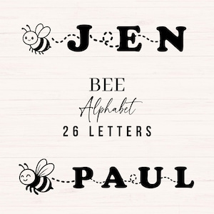 May include: A digital design featuring the names "JEN" and "PAUL" in bold, black letters, each connected to a cartoon bee by a dotted line. The text "BEE Alphabet 26 LETTERS" is also displayed.